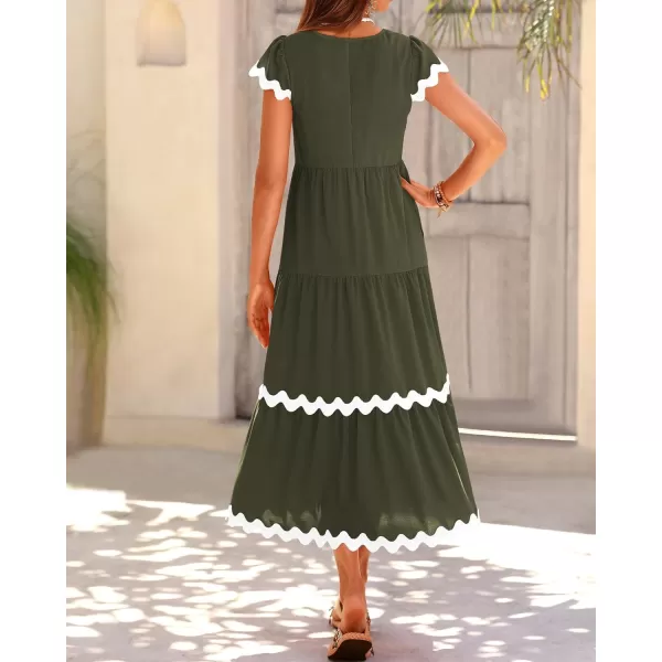 imageBTFBM Womens Summer Dresses 2024 V Neck Cap Sleeve RIC Rac Loose Tiered ALine Beach Vacation Midi Dress with PocketSolid Army Green