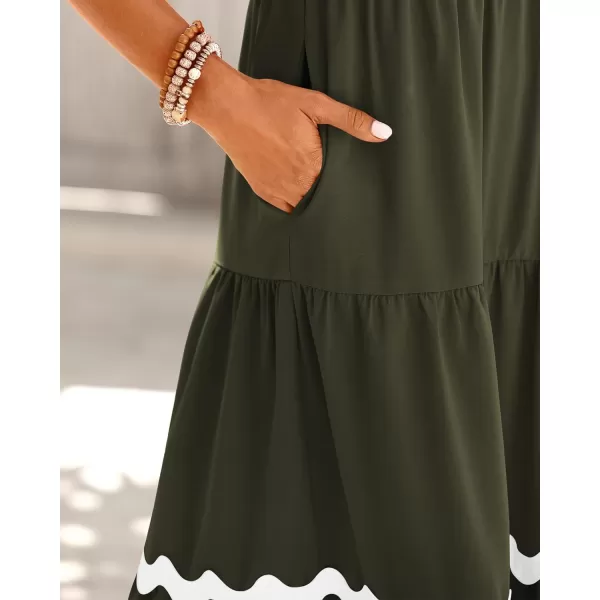 imageBTFBM Womens Summer Dresses 2024 V Neck Cap Sleeve RIC Rac Loose Tiered ALine Beach Vacation Midi Dress with PocketSolid Army Green