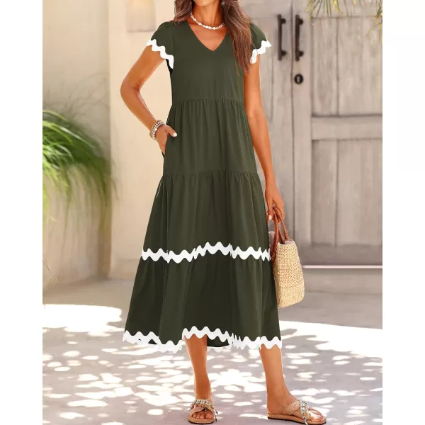 imageBTFBM Womens Summer Dresses 2024 V Neck Cap Sleeve RIC Rac Loose Tiered ALine Beach Vacation Midi Dress with PocketSolid Army Green