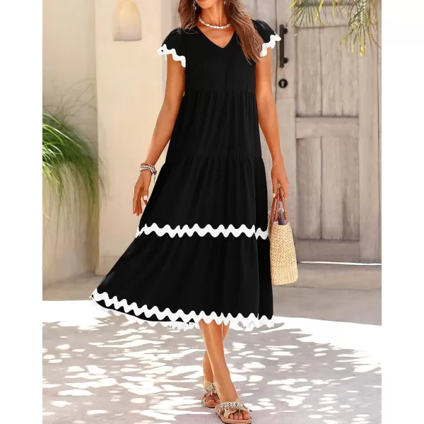 imageBTFBM Womens Summer Dresses 2024 V Neck Cap Sleeve RIC Rac Loose Tiered ALine Beach Vacation Midi Dress with PocketSolid Black