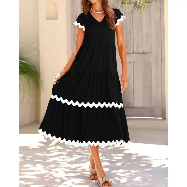 imageBTFBM Womens Summer Dresses 2024 V Neck Cap Sleeve RIC Rac Loose Tiered ALine Beach Vacation Midi Dress with PocketSolid Black