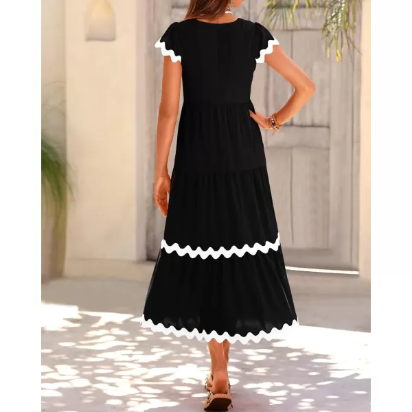 imageBTFBM Womens Summer Dresses 2024 V Neck Cap Sleeve RIC Rac Loose Tiered ALine Beach Vacation Midi Dress with PocketSolid Black