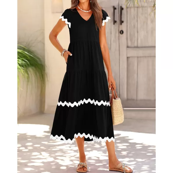 imageBTFBM Womens Summer Dresses 2024 V Neck Cap Sleeve RIC Rac Loose Tiered ALine Beach Vacation Midi Dress with PocketSolid Black