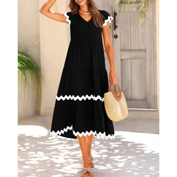 imageBTFBM Womens Summer Dresses 2024 V Neck Cap Sleeve RIC Rac Loose Tiered ALine Beach Vacation Midi Dress with PocketSolid Black