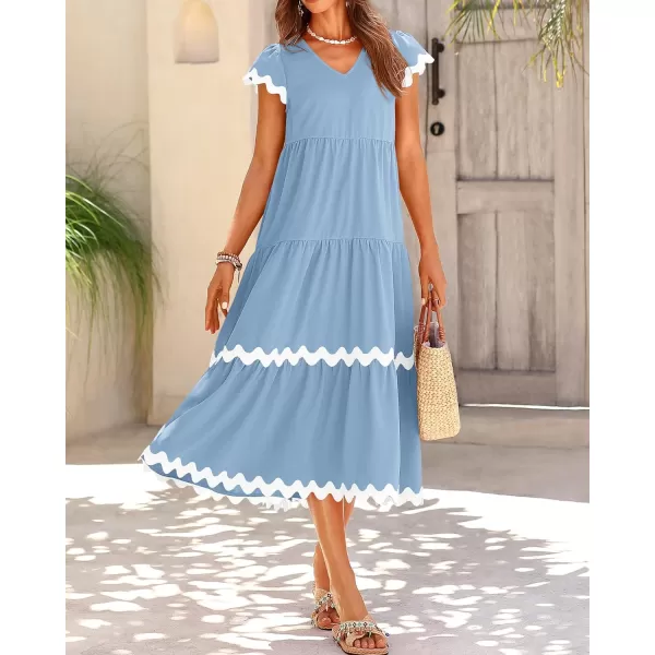 imageBTFBM Womens Summer Dresses 2024 V Neck Cap Sleeve RIC Rac Loose Tiered ALine Beach Vacation Midi Dress with PocketSolid Light Blue