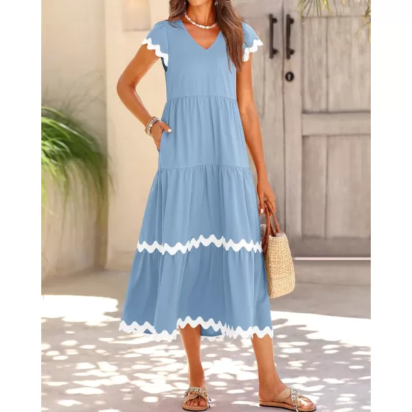 imageBTFBM Womens Summer Dresses 2024 V Neck Cap Sleeve RIC Rac Loose Tiered ALine Beach Vacation Midi Dress with PocketSolid Light Blue