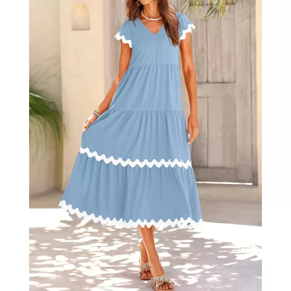 imageBTFBM Womens Summer Dresses 2024 V Neck Cap Sleeve RIC Rac Loose Tiered ALine Beach Vacation Midi Dress with PocketSolid Light Blue