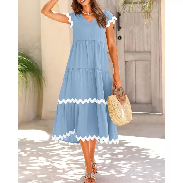 imageBTFBM Womens Summer Dresses 2024 V Neck Cap Sleeve RIC Rac Loose Tiered ALine Beach Vacation Midi Dress with PocketSolid Light Blue