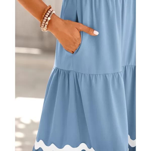imageBTFBM Womens Summer Dresses 2024 V Neck Cap Sleeve RIC Rac Loose Tiered ALine Beach Vacation Midi Dress with PocketSolid Light Blue