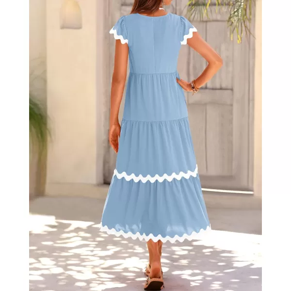 imageBTFBM Womens Summer Dresses 2024 V Neck Cap Sleeve RIC Rac Loose Tiered ALine Beach Vacation Midi Dress with PocketSolid Light Blue