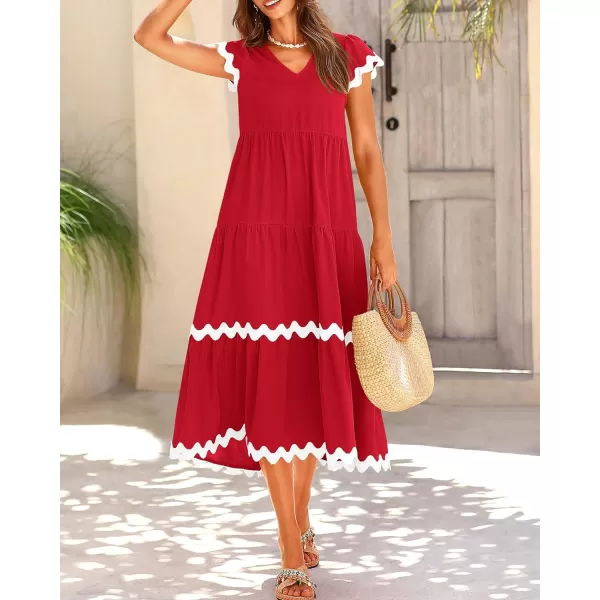 imageBTFBM Womens Summer Dresses 2024 V Neck Cap Sleeve RIC Rac Loose Tiered ALine Beach Vacation Midi Dress with PocketSolid Red