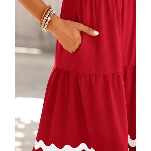 imageBTFBM Womens Summer Dresses 2024 V Neck Cap Sleeve RIC Rac Loose Tiered ALine Beach Vacation Midi Dress with PocketSolid Red