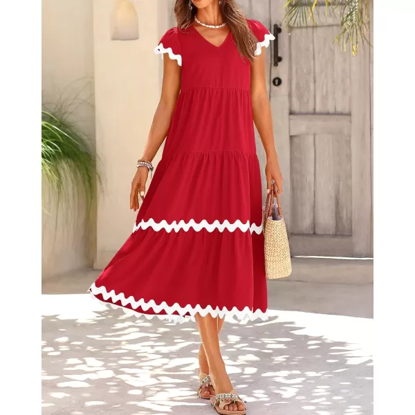 imageBTFBM Womens Summer Dresses 2024 V Neck Cap Sleeve RIC Rac Loose Tiered ALine Beach Vacation Midi Dress with PocketSolid Red