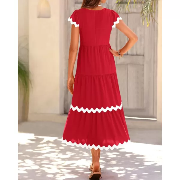 imageBTFBM Womens Summer Dresses 2024 V Neck Cap Sleeve RIC Rac Loose Tiered ALine Beach Vacation Midi Dress with PocketSolid Red