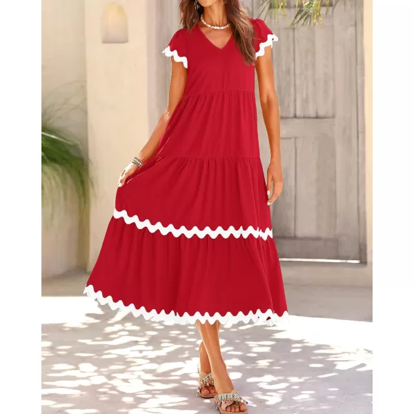 imageBTFBM Womens Summer Dresses 2024 V Neck Cap Sleeve RIC Rac Loose Tiered ALine Beach Vacation Midi Dress with PocketSolid Red