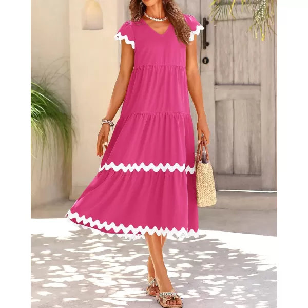 imageBTFBM Womens Summer Dresses 2024 V Neck Cap Sleeve RIC Rac Loose Tiered ALine Beach Vacation Midi Dress with PocketSolid Rose Red
