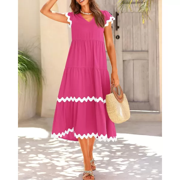 imageBTFBM Womens Summer Dresses 2024 V Neck Cap Sleeve RIC Rac Loose Tiered ALine Beach Vacation Midi Dress with PocketSolid Rose Red