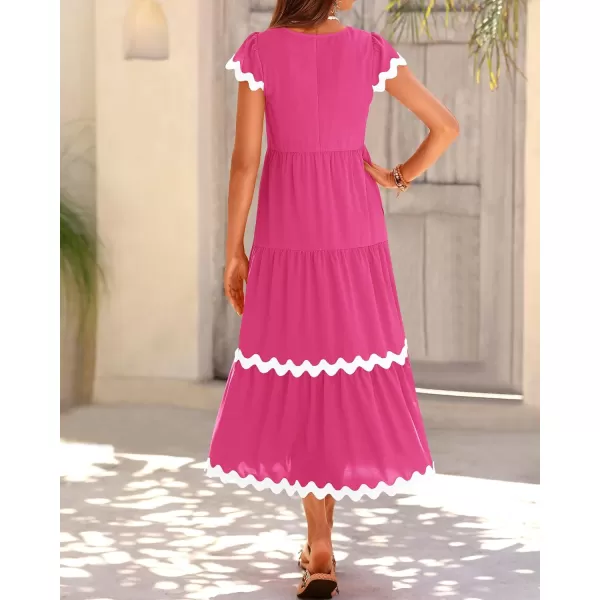 imageBTFBM Womens Summer Dresses 2024 V Neck Cap Sleeve RIC Rac Loose Tiered ALine Beach Vacation Midi Dress with PocketSolid Rose Red