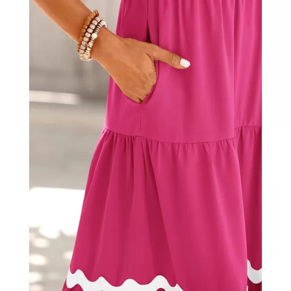 imageBTFBM Womens Summer Dresses 2024 V Neck Cap Sleeve RIC Rac Loose Tiered ALine Beach Vacation Midi Dress with PocketSolid Rose Red