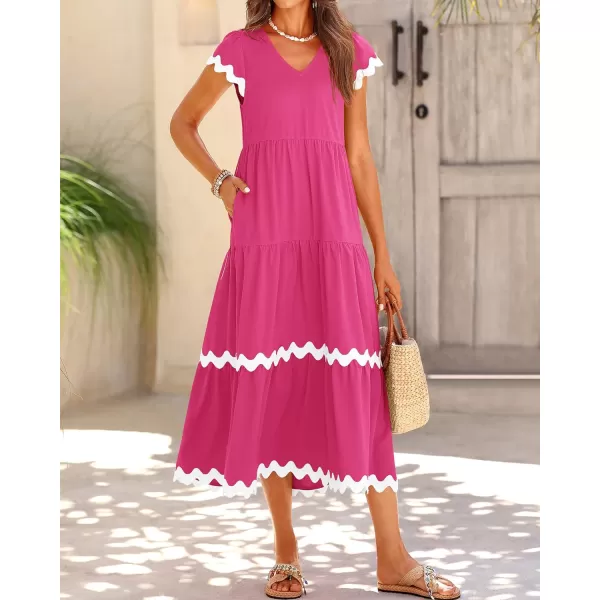 imageBTFBM Womens Summer Dresses 2024 V Neck Cap Sleeve RIC Rac Loose Tiered ALine Beach Vacation Midi Dress with PocketSolid Rose Red