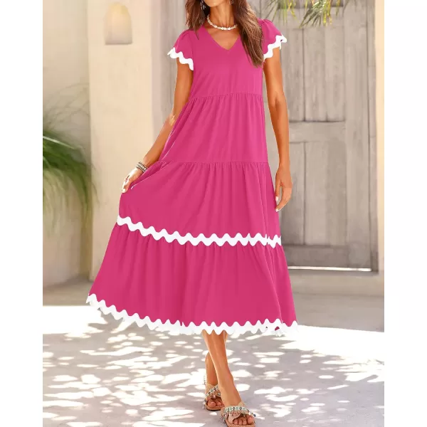 imageBTFBM Womens Summer Dresses 2024 V Neck Cap Sleeve RIC Rac Loose Tiered ALine Beach Vacation Midi Dress with PocketSolid Rose Red