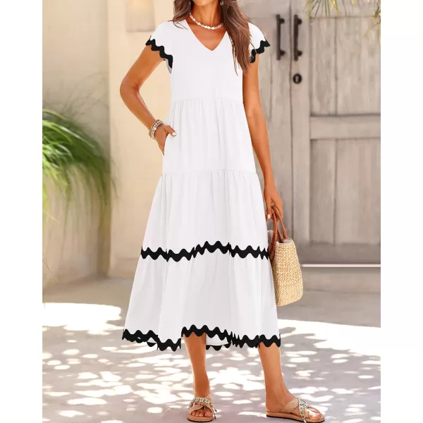 imageBTFBM Womens Summer Dresses 2024 V Neck Cap Sleeve RIC Rac Loose Tiered ALine Beach Vacation Midi Dress with PocketSolid White