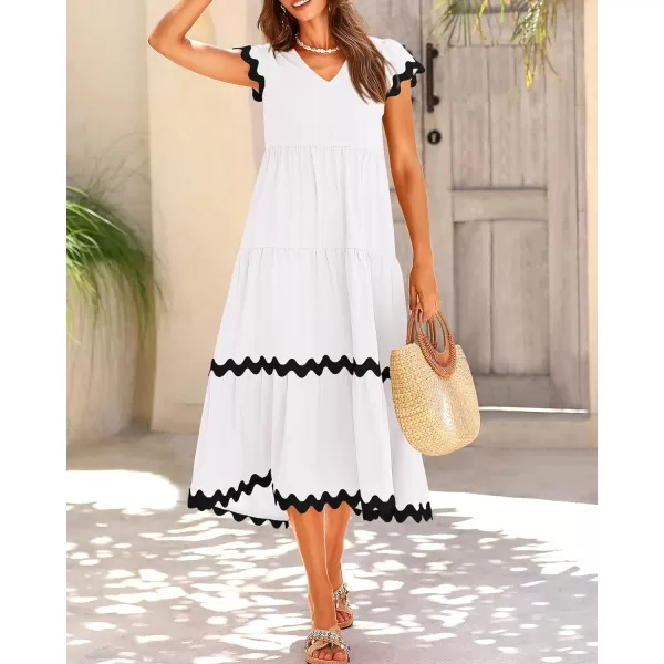 imageBTFBM Womens Summer Dresses 2024 V Neck Cap Sleeve RIC Rac Loose Tiered ALine Beach Vacation Midi Dress with PocketSolid White