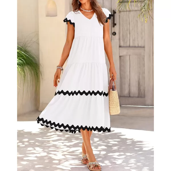 imageBTFBM Womens Summer Dresses 2024 V Neck Cap Sleeve RIC Rac Loose Tiered ALine Beach Vacation Midi Dress with PocketSolid White