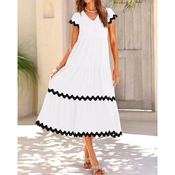imageBTFBM Womens Summer Dresses 2024 V Neck Cap Sleeve RIC Rac Loose Tiered ALine Beach Vacation Midi Dress with PocketSolid White