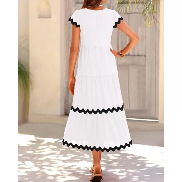 imageBTFBM Womens Summer Dresses 2024 V Neck Cap Sleeve RIC Rac Loose Tiered ALine Beach Vacation Midi Dress with PocketSolid White