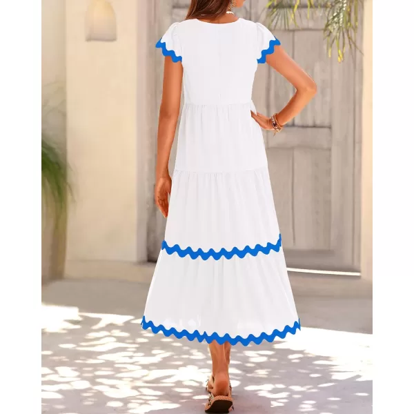 imageBTFBM Womens Summer Dresses 2024 V Neck Cap Sleeve RIC Rac Loose Tiered ALine Beach Vacation Midi Dress with PocketSolid White Blue
