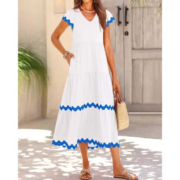 imageBTFBM Womens Summer Dresses 2024 V Neck Cap Sleeve RIC Rac Loose Tiered ALine Beach Vacation Midi Dress with PocketSolid White Blue