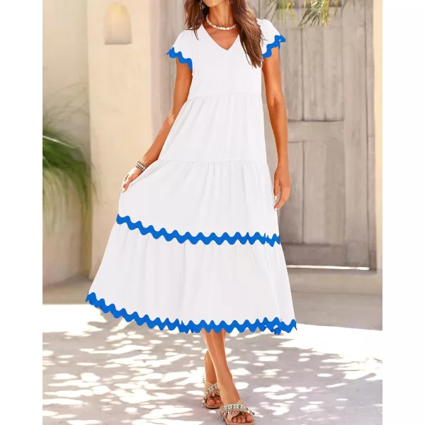 imageBTFBM Womens Summer Dresses 2024 V Neck Cap Sleeve RIC Rac Loose Tiered ALine Beach Vacation Midi Dress with PocketSolid White Blue