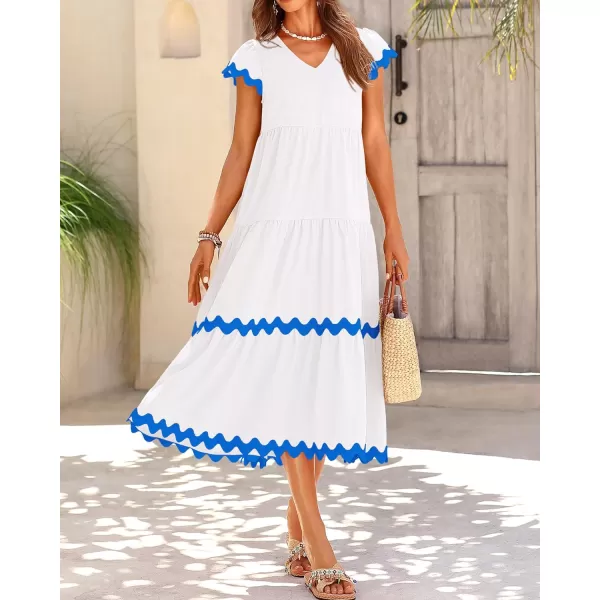 imageBTFBM Womens Summer Dresses 2024 V Neck Cap Sleeve RIC Rac Loose Tiered ALine Beach Vacation Midi Dress with PocketSolid White Blue