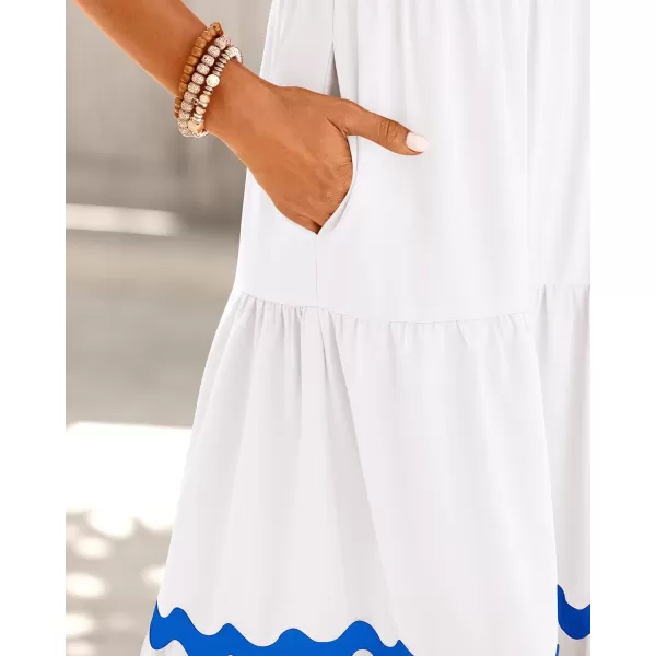 imageBTFBM Womens Summer Dresses 2024 V Neck Cap Sleeve RIC Rac Loose Tiered ALine Beach Vacation Midi Dress with PocketSolid White Blue