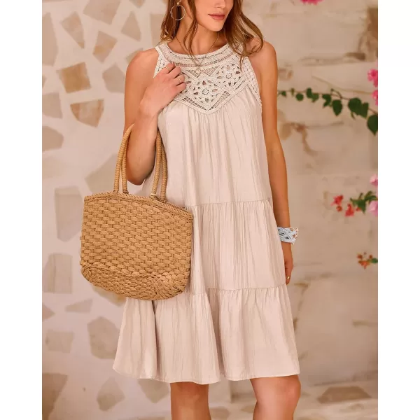 imageBTFBM Womens Summer Hollow Out Halter Dresses Casual Sleeveless ALine Tiered Swing Sundress Beach Vacation Mini DressSolid Apricot