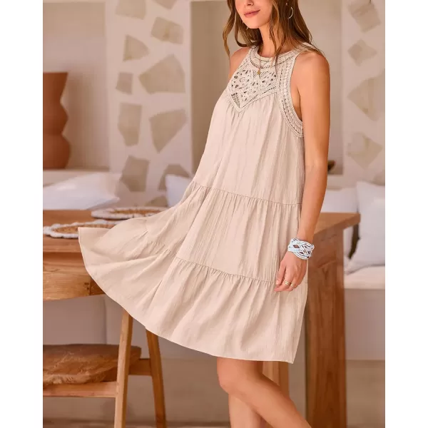 imageBTFBM Womens Summer Hollow Out Halter Dresses Casual Sleeveless ALine Tiered Swing Sundress Beach Vacation Mini DressSolid Apricot