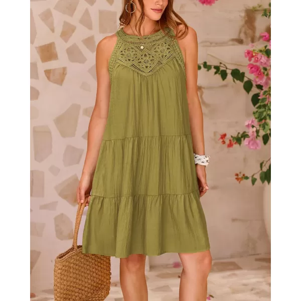 imageBTFBM Womens Summer Hollow Out Halter Dresses Casual Sleeveless ALine Tiered Swing Sundress Beach Vacation Mini DressSolid Army Green