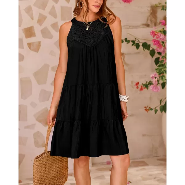 imageBTFBM Womens Summer Hollow Out Halter Dresses Casual Sleeveless ALine Tiered Swing Sundress Beach Vacation Mini DressSolid Black