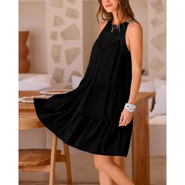 imageBTFBM Womens Summer Hollow Out Halter Dresses Casual Sleeveless ALine Tiered Swing Sundress Beach Vacation Mini DressSolid Black