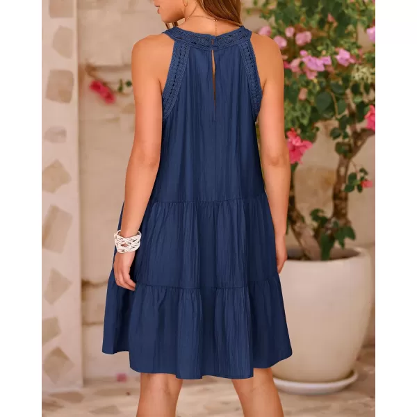 imageBTFBM Womens Summer Hollow Out Halter Dresses Casual Sleeveless ALine Tiered Swing Sundress Beach Vacation Mini DressSolid Dark Blue