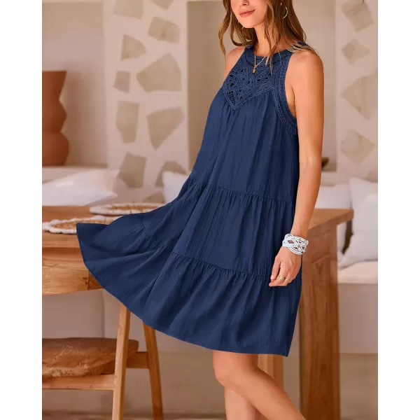 imageBTFBM Womens Summer Hollow Out Halter Dresses Casual Sleeveless ALine Tiered Swing Sundress Beach Vacation Mini DressSolid Dark Blue
