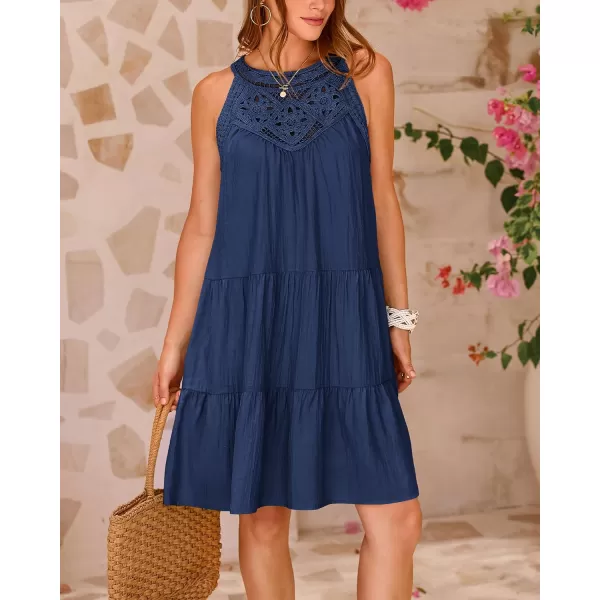 imageBTFBM Womens Summer Hollow Out Halter Dresses Casual Sleeveless ALine Tiered Swing Sundress Beach Vacation Mini DressSolid Dark Blue