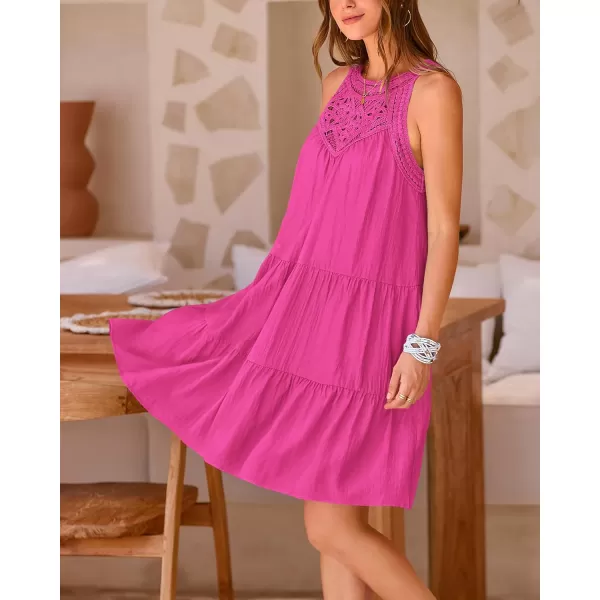 imageBTFBM Womens Summer Hollow Out Halter Dresses Casual Sleeveless ALine Tiered Swing Sundress Beach Vacation Mini DressSolid Rose Red