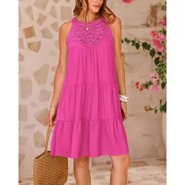 imageBTFBM Womens Summer Hollow Out Halter Dresses Casual Sleeveless ALine Tiered Swing Sundress Beach Vacation Mini DressSolid Rose Red