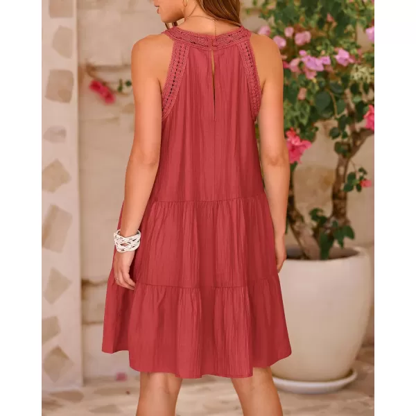 imageBTFBM Womens Summer Hollow Out Halter Dresses Casual Sleeveless ALine Tiered Swing Sundress Beach Vacation Mini DressSolid Rust Red