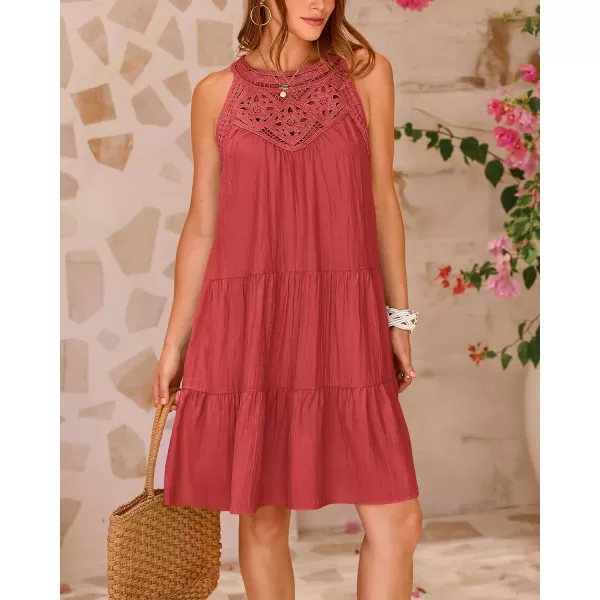 imageBTFBM Womens Summer Hollow Out Halter Dresses Casual Sleeveless ALine Tiered Swing Sundress Beach Vacation Mini DressSolid Rust Red