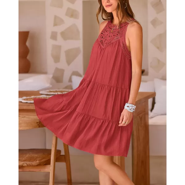 imageBTFBM Womens Summer Hollow Out Halter Dresses Casual Sleeveless ALine Tiered Swing Sundress Beach Vacation Mini DressSolid Rust Red