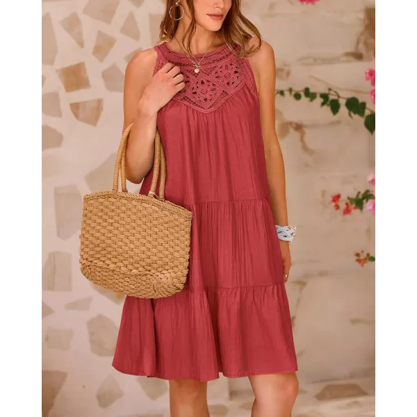 imageBTFBM Womens Summer Hollow Out Halter Dresses Casual Sleeveless ALine Tiered Swing Sundress Beach Vacation Mini DressSolid Rust Red