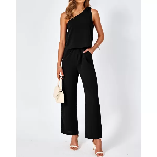 imageBTFBM Womens Summer Jumpsuits 2023 One Shoulder Tie Strap Solid Loose Long Pant Romper One Piece Casual Outfit PocketsSolid Black